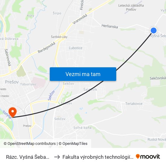 Rázc. Vyšná Šebastová to Fakulta výrobných technológií TUKE map