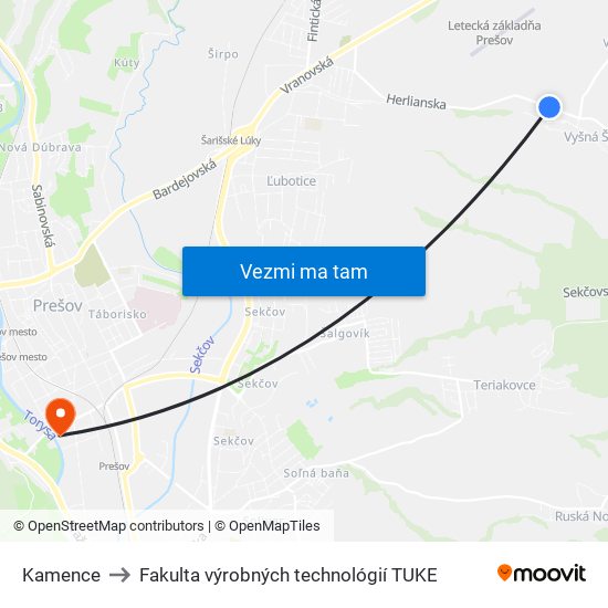 Kamence to Fakulta výrobných technológií TUKE map