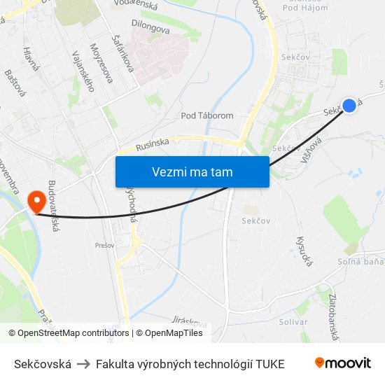 Sekčovská to Fakulta výrobných technológií TUKE map