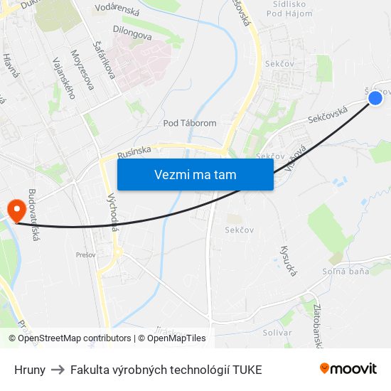 Hruny to Fakulta výrobných technológií TUKE map