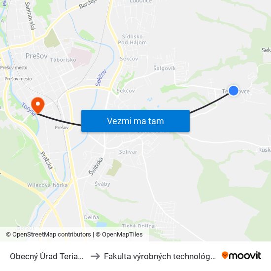 Obecný Úrad Teriakovce to Fakulta výrobných technológií TUKE map