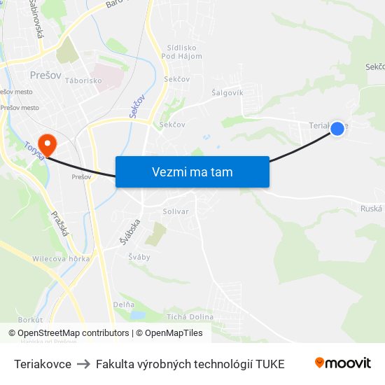 Teriakovce to Fakulta výrobných technológií TUKE map