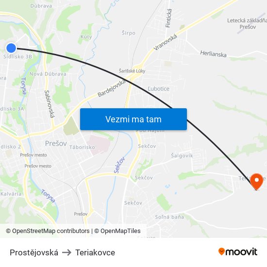 Prostějovská to Teriakovce map