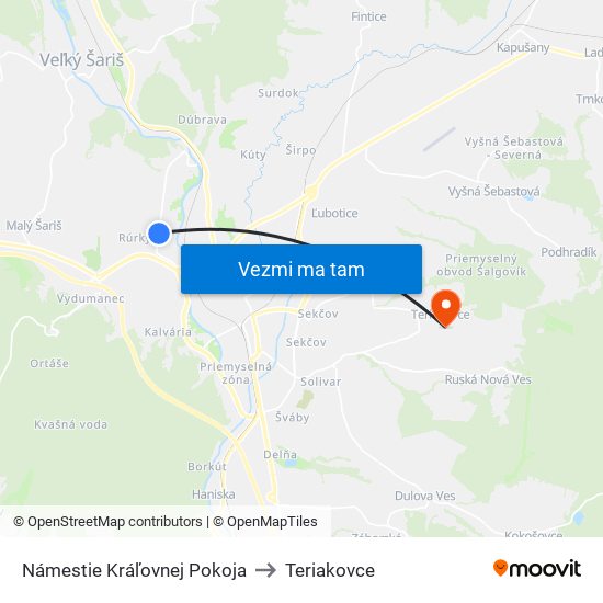 Námestie Kráľovnej Pokoja to Teriakovce map