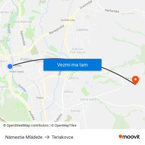 Námestie Mládeže to Teriakovce map