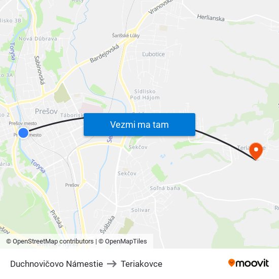 Duchnovičovo Námestie to Teriakovce map