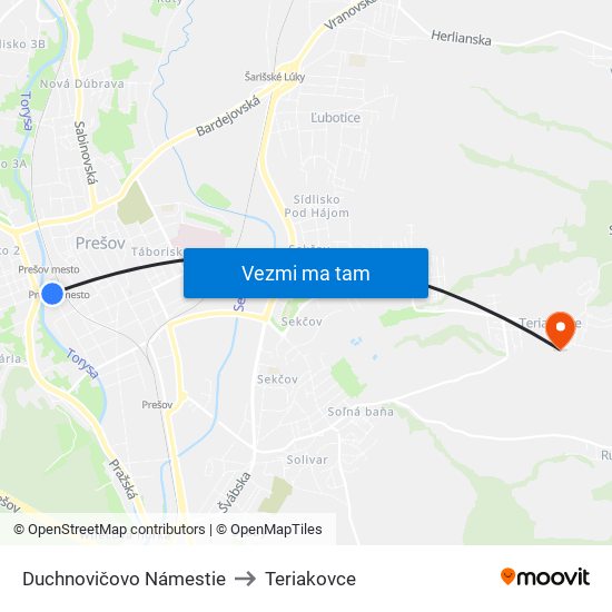 Duchnovičovo Námestie to Teriakovce map