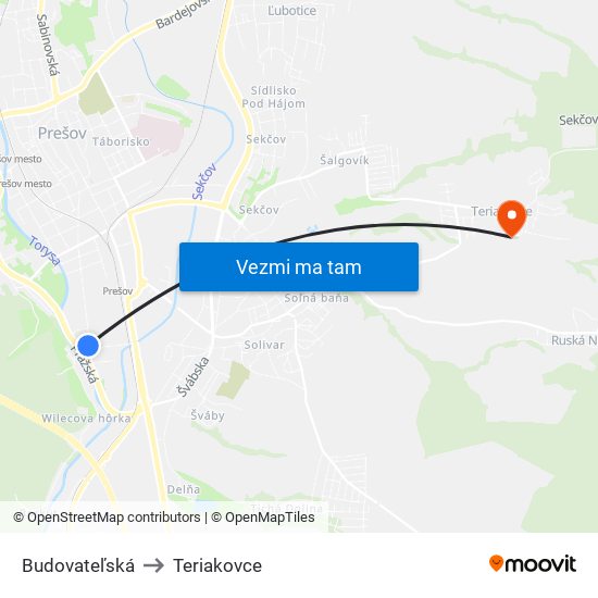 Budovateľská to Teriakovce map