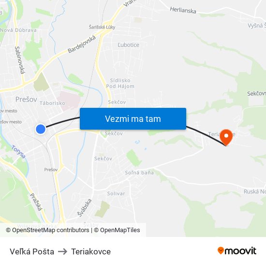 Veľká Pošta to Teriakovce map