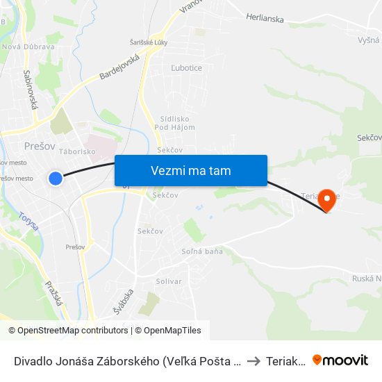 Divadlo Jonáša Záborského (Veľká Pošta - Smer Veľký Šariš) to Teriakovce map