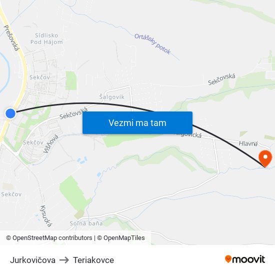 Jurkovičova to Teriakovce map