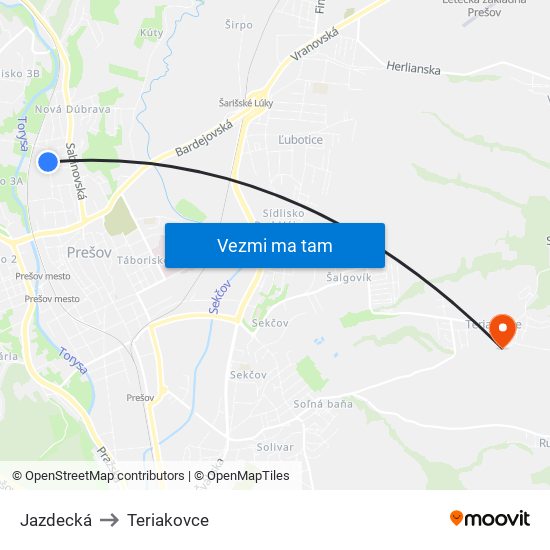 Jazdecká to Teriakovce map