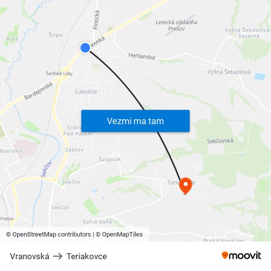 Vranovská to Teriakovce map