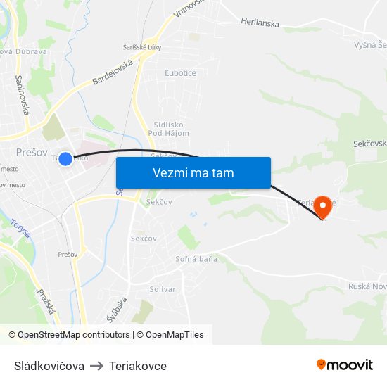 Sládkovičova to Teriakovce map