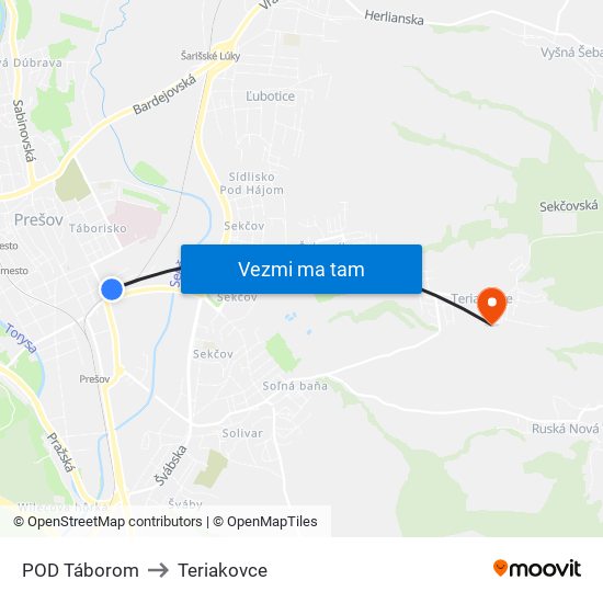 POD Táborom to Teriakovce map