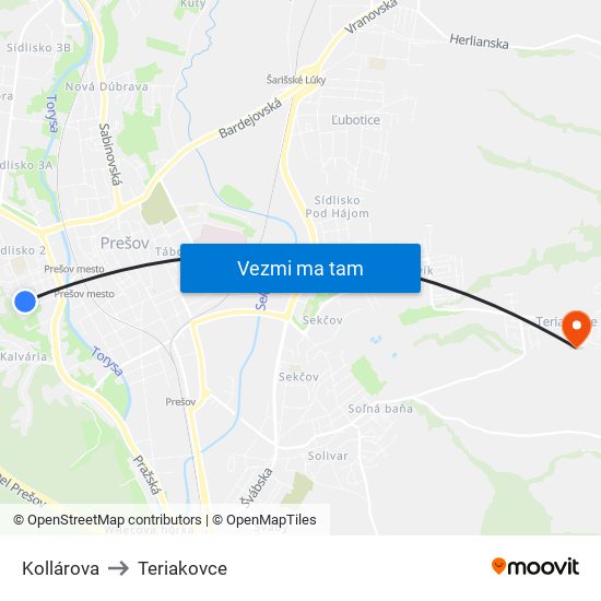 Kollárova to Teriakovce map