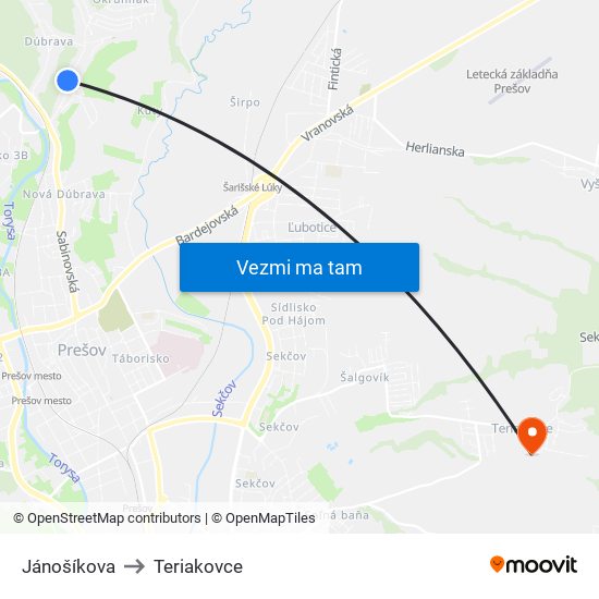 Jánošíkova to Teriakovce map