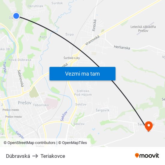 Dúbravská to Teriakovce map