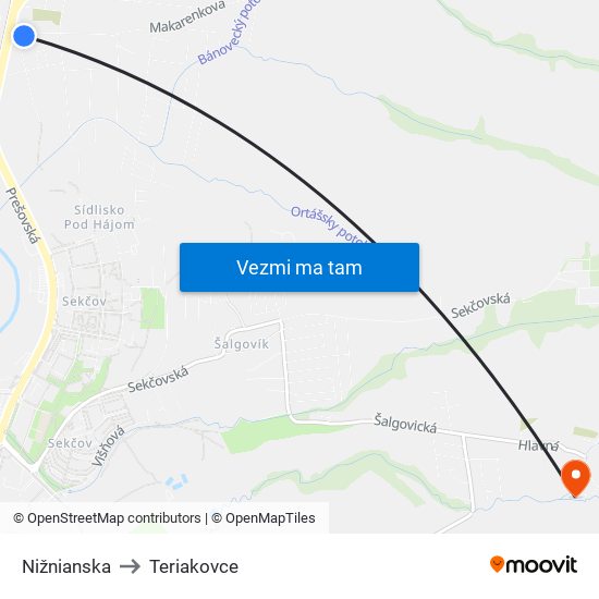 Nižnianska to Teriakovce map