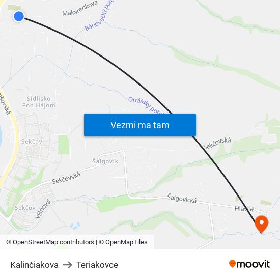 Kalinčiakova to Teriakovce map