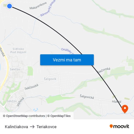 Kalinčiakova to Teriakovce map