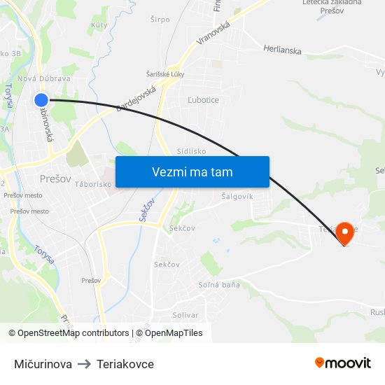 Mičurinova to Teriakovce map