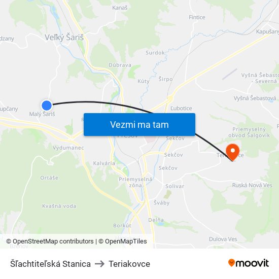 Šľachtiteľská Stanica to Teriakovce map