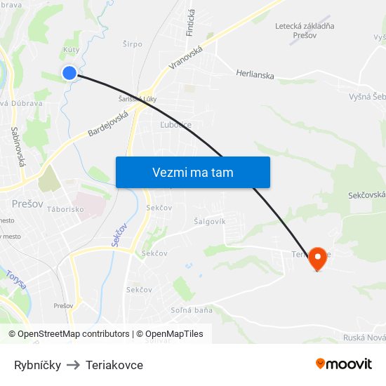 Rybníčky to Teriakovce map