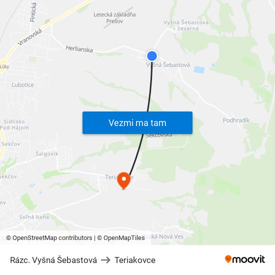 Rázc. Vyšná Šebastová to Teriakovce map