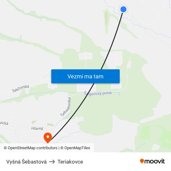 Vyšná Šebastová to Teriakovce map