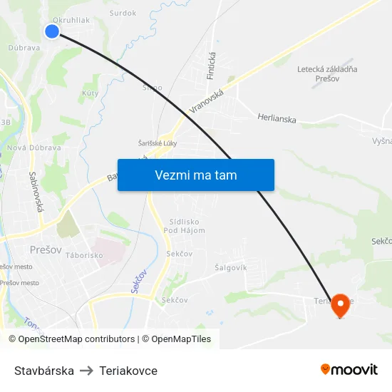 Stavbárska to Teriakovce map