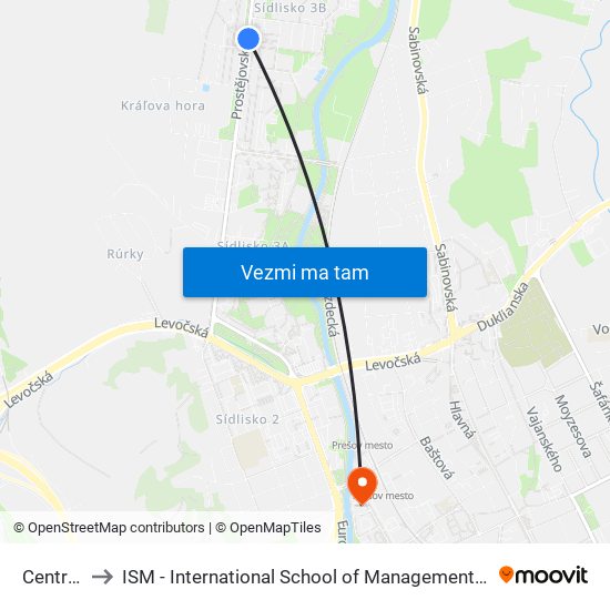 Centrum to ISM - International School of Management v Prešove map