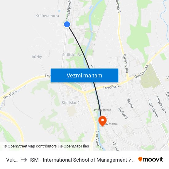 Vukov to ISM - International School of Management v Prešove map