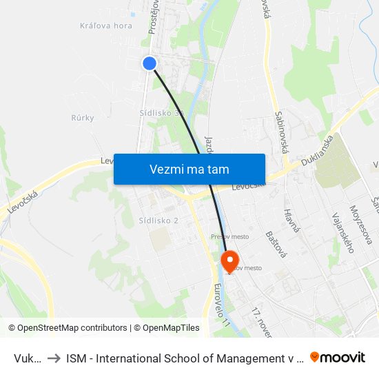 Vukov to ISM - International School of Management v Prešove map