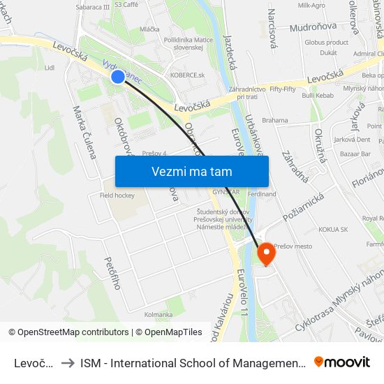 Levočská to ISM - International School of Management v Prešove map