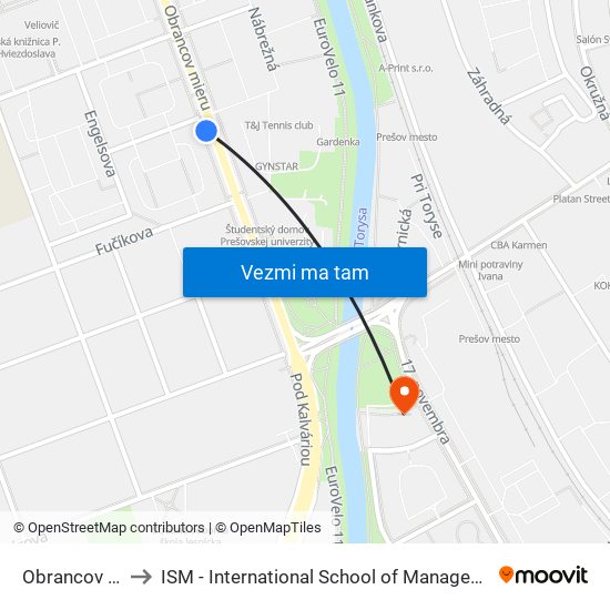 Obrancov Mieru to ISM - International School of Management v Prešove map