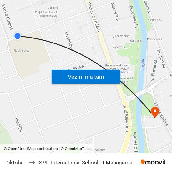 Októbrová to ISM - International School of Management v Prešove map