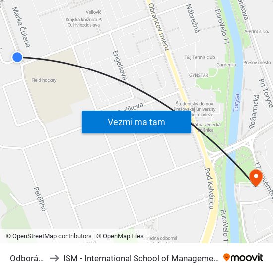 Odborárska to ISM - International School of Management v Prešove map