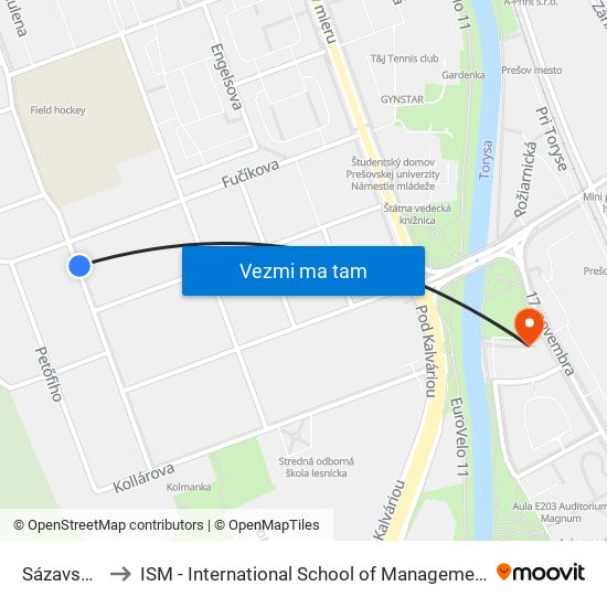 Sázavského to ISM - International School of Management v Prešove map