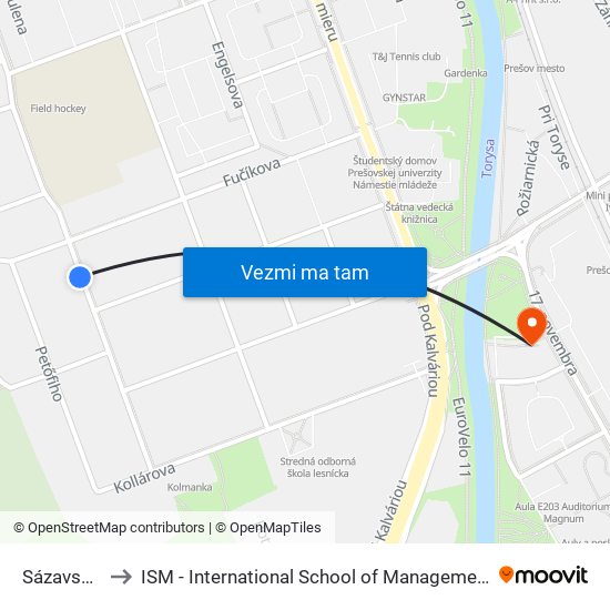 Sázavského to ISM - International School of Management v Prešove map