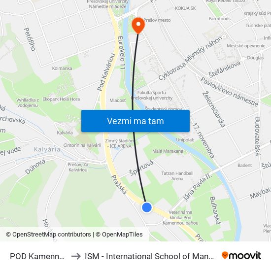 POD Kamennou Baňou to ISM - International School of Management v Prešove map