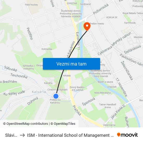 Slávičia to ISM - International School of Management v Prešove map