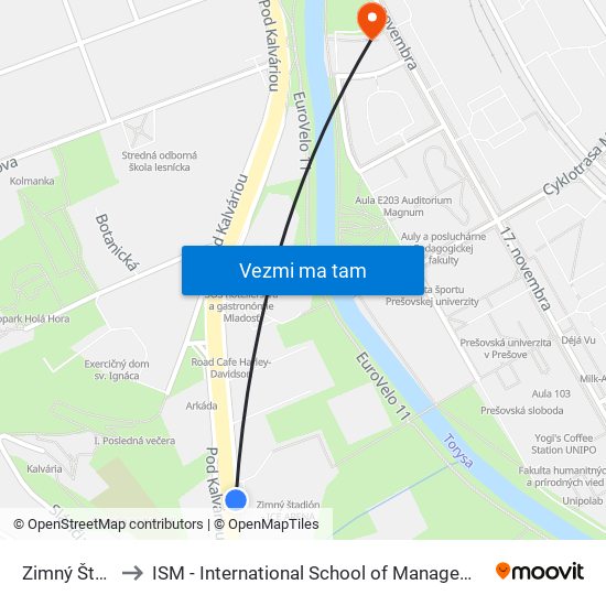 Zimný Štadión to ISM - International School of Management v Prešove map