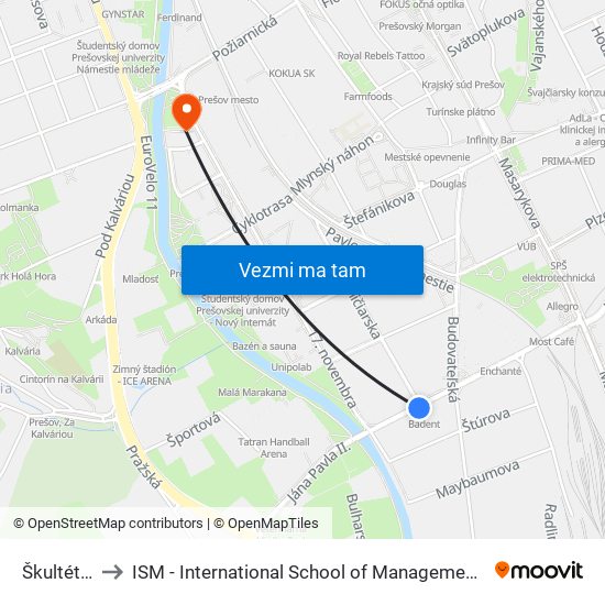 Škultétyho to ISM - International School of Management v Prešove map