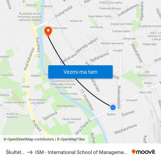 Škultétyho to ISM - International School of Management v Prešove map
