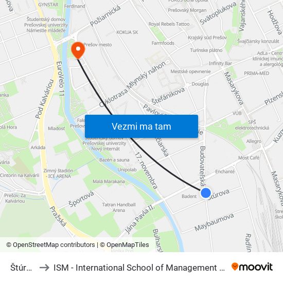 Štúrova to ISM - International School of Management v Prešove map