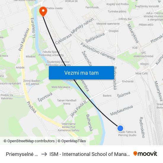Priemyselné Centrum to ISM - International School of Management v Prešove map