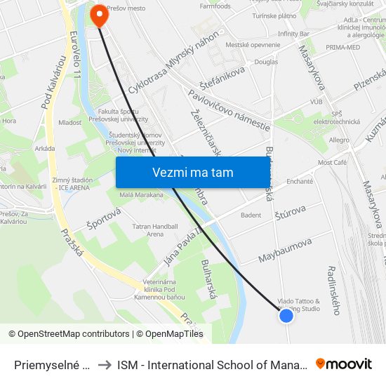 Priemyselné Centrum to ISM - International School of Management v Prešove map