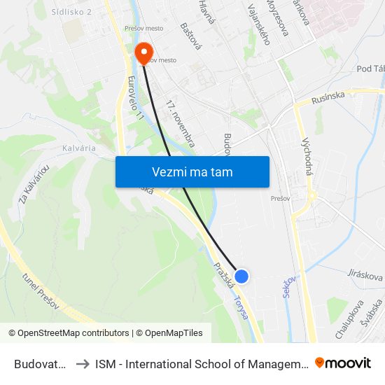 Budovateľská to ISM - International School of Management v Prešove map