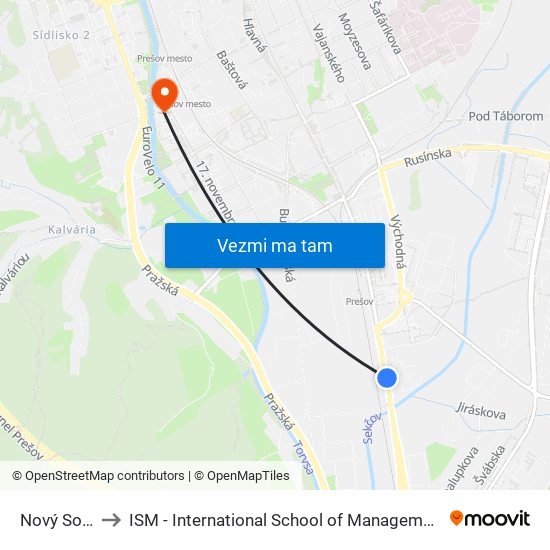 Nový Solivar to ISM - International School of Management v Prešove map